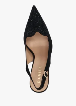 Elove Black Suede Crystal Heart Toe Cap Heeled Sling Backs