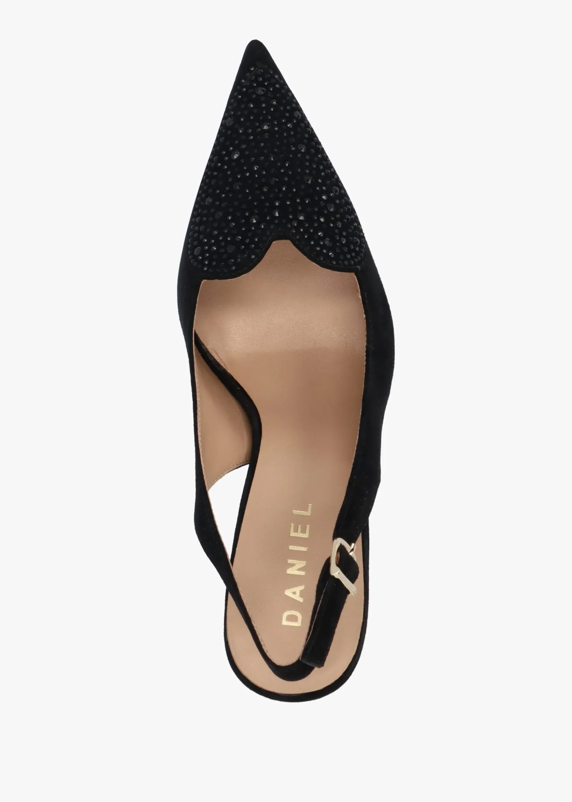 Elove Black Suede Crystal Heart Toe Cap Heeled Sling Backs