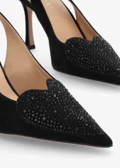 Elove Black Suede Crystal Heart Toe Cap Heeled Sling Backs