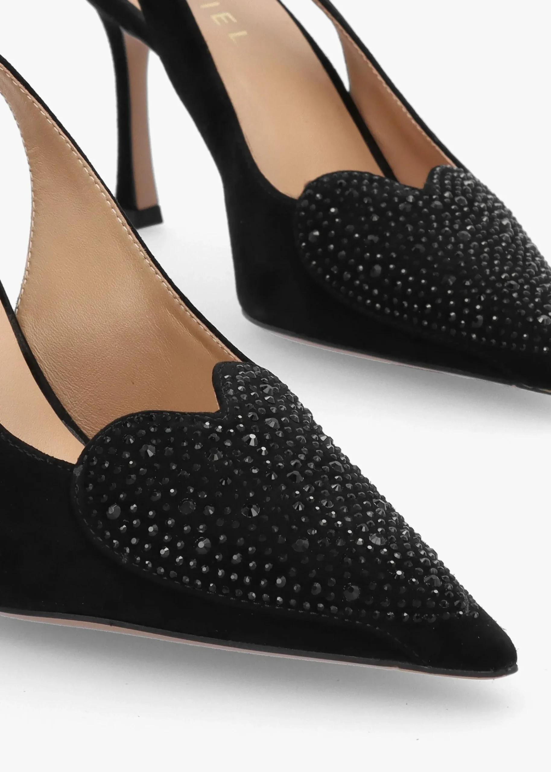 Elove Black Suede Crystal Heart Toe Cap Heeled Sling Backs