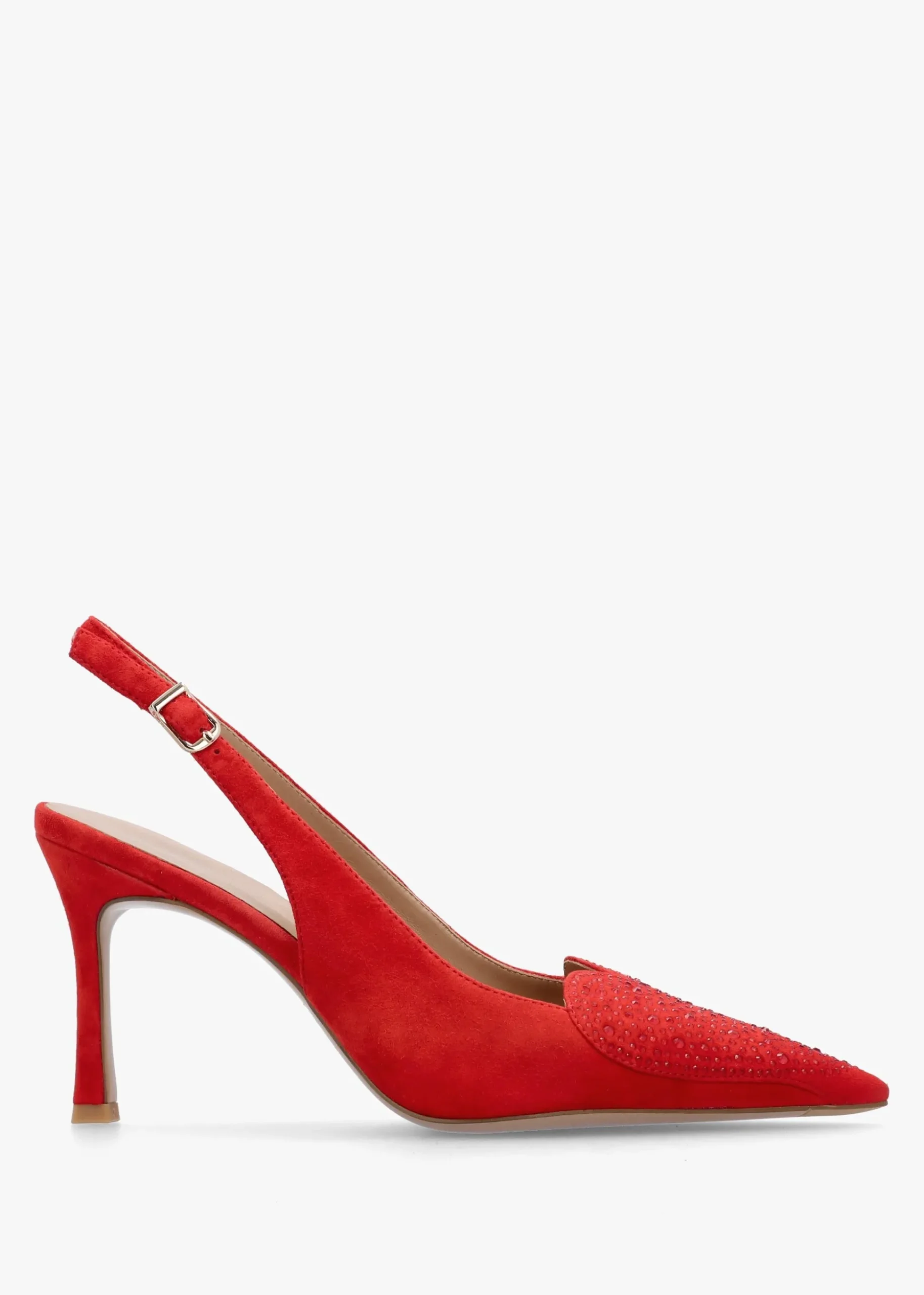 Elove Red Suede Crystal Heart Toe Cap Heeled Sling Backs