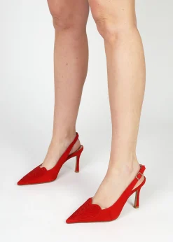 Elove Red Suede Crystal Heart Toe Cap Heeled Sling Backs