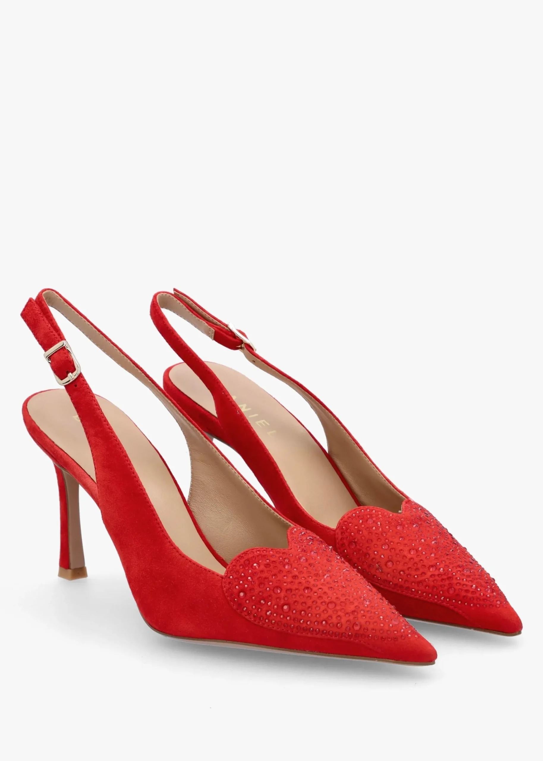 Elove Red Suede Crystal Heart Toe Cap Heeled Sling Backs