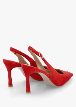 Elove Red Suede Crystal Heart Toe Cap Heeled Sling Backs