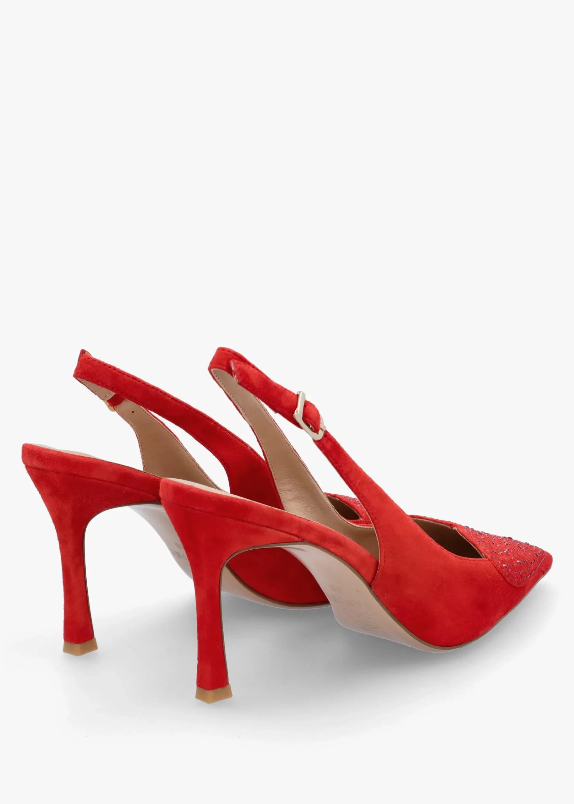 Elove Red Suede Crystal Heart Toe Cap Heeled Sling Backs