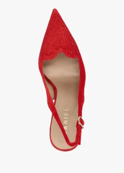 Elove Red Suede Crystal Heart Toe Cap Heeled Sling Backs