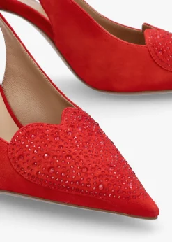Elove Red Suede Crystal Heart Toe Cap Heeled Sling Backs