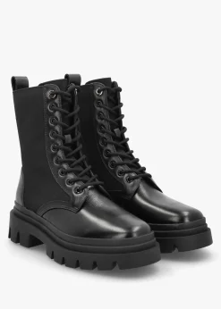 Emily Black Leather & Textile Biker Boots