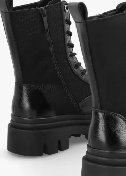 Emily Black Leather & Textile Biker Boots