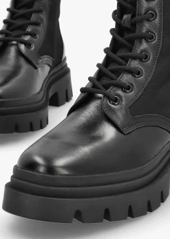 Emily Black Leather & Textile Biker Boots