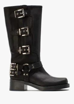 Emotie Black Leather Multi Buckle Biker Boots