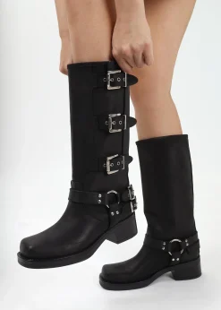 Emotie Black Leather Multi Buckle Biker Boots