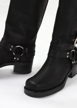 Emotie Black Leather Multi Buckle Biker Boots