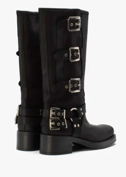 Emotie Black Leather Multi Buckle Biker Boots