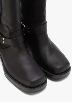Emotie Black Leather Multi Buckle Biker Boots