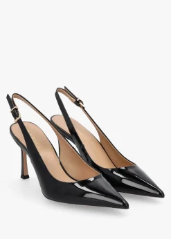 Enjoy Black Patent Leather Mid Heel Sling Back Court Shoes