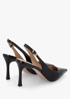Enjoy Black Patent Leather Mid Heel Sling Back Court Shoes