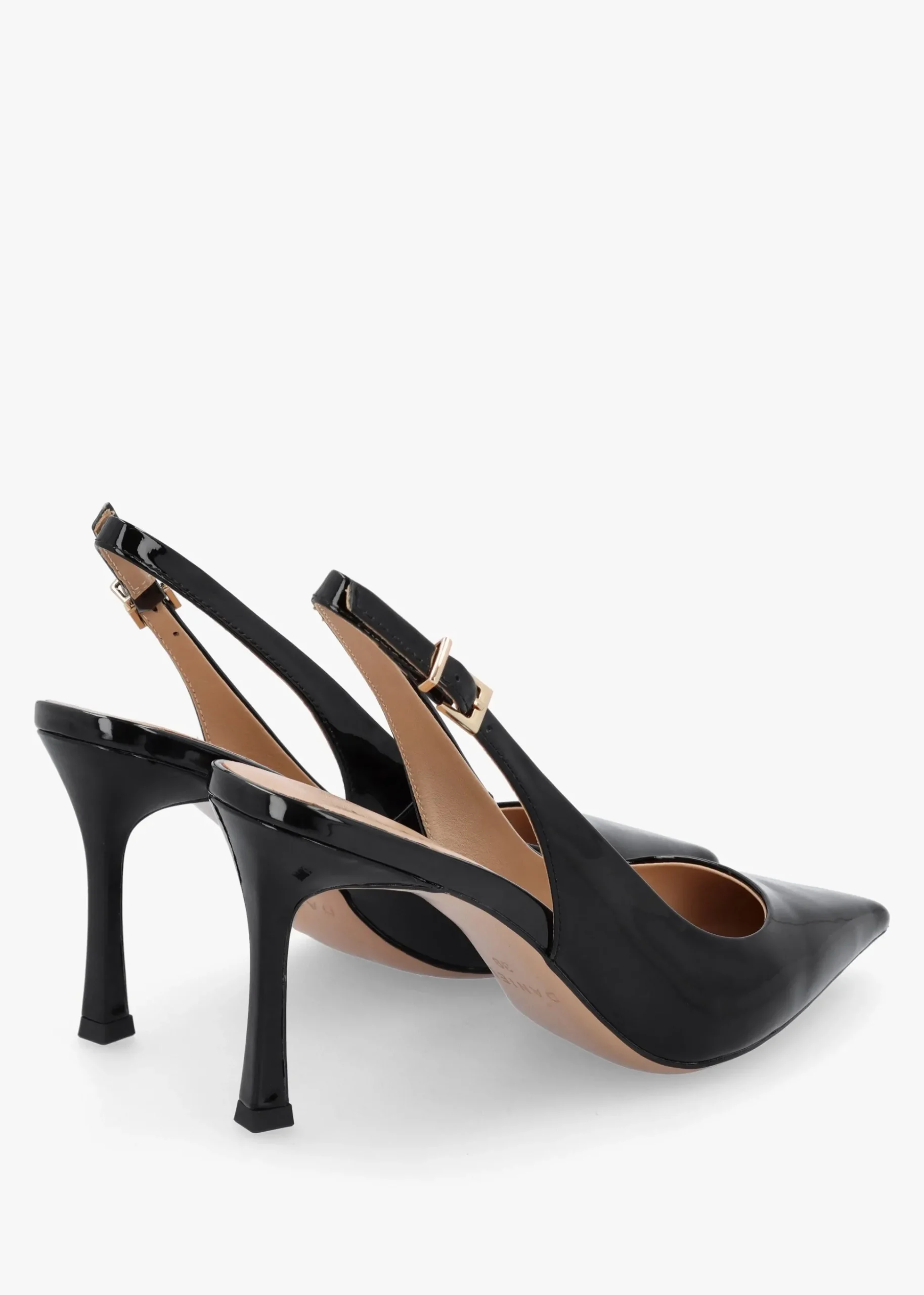 Enjoy Black Patent Leather Mid Heel Sling Back Court Shoes