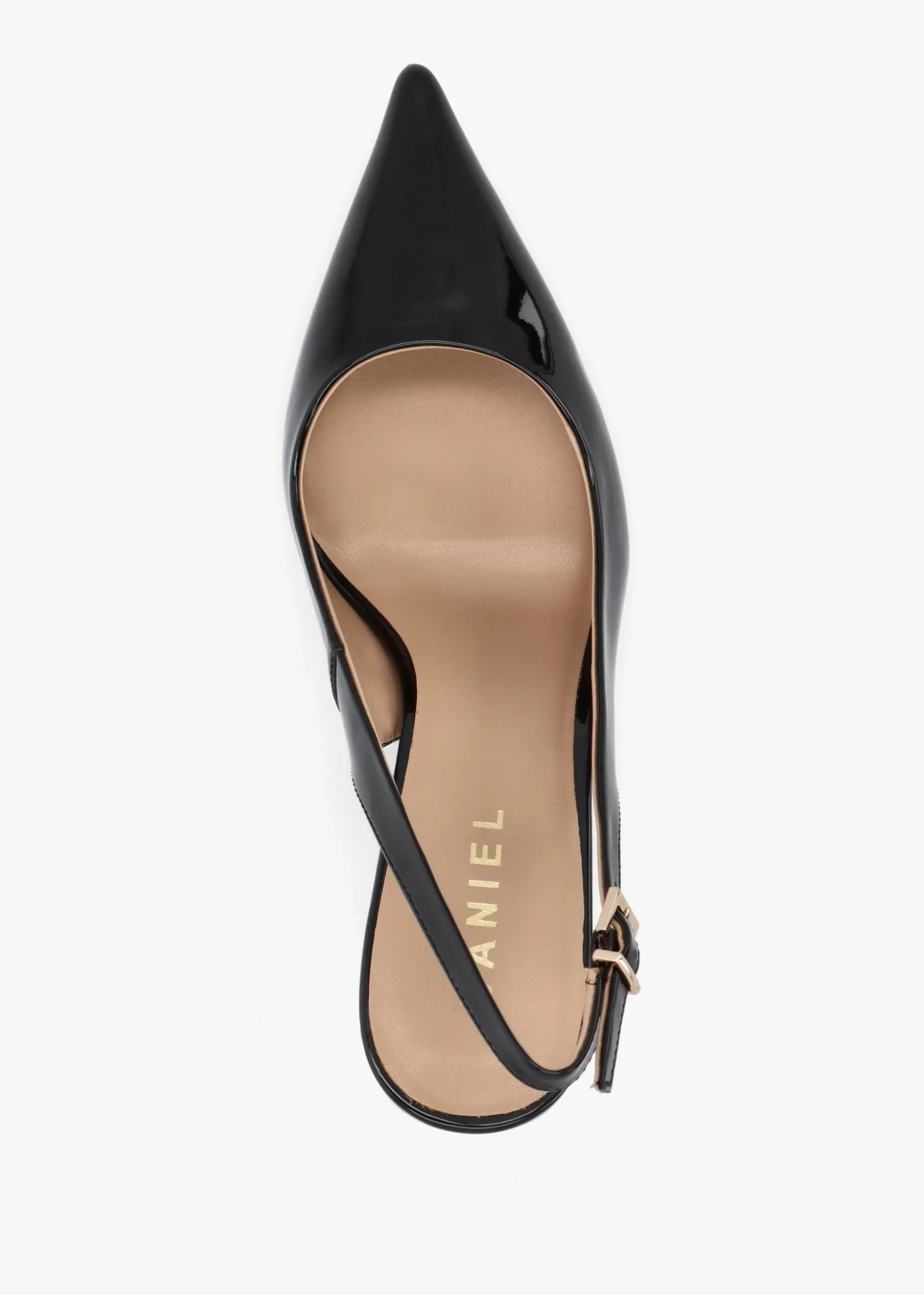 Enjoy Black Patent Leather Mid Heel Sling Back Court Shoes