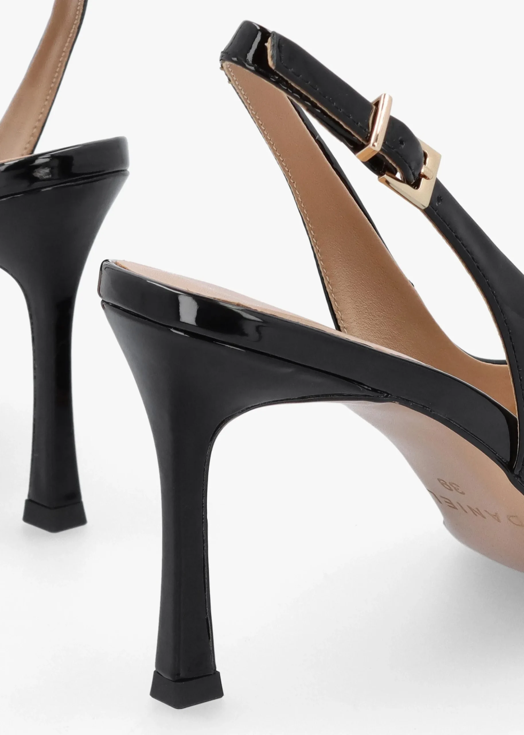 Enjoy Black Patent Leather Mid Heel Sling Back Court Shoes