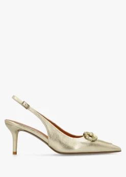 Eppie Gold Leather Mid Heel Sling Back Shoes