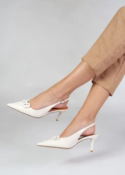 Eppie White Leather Mid Heel Sling Back Shoes