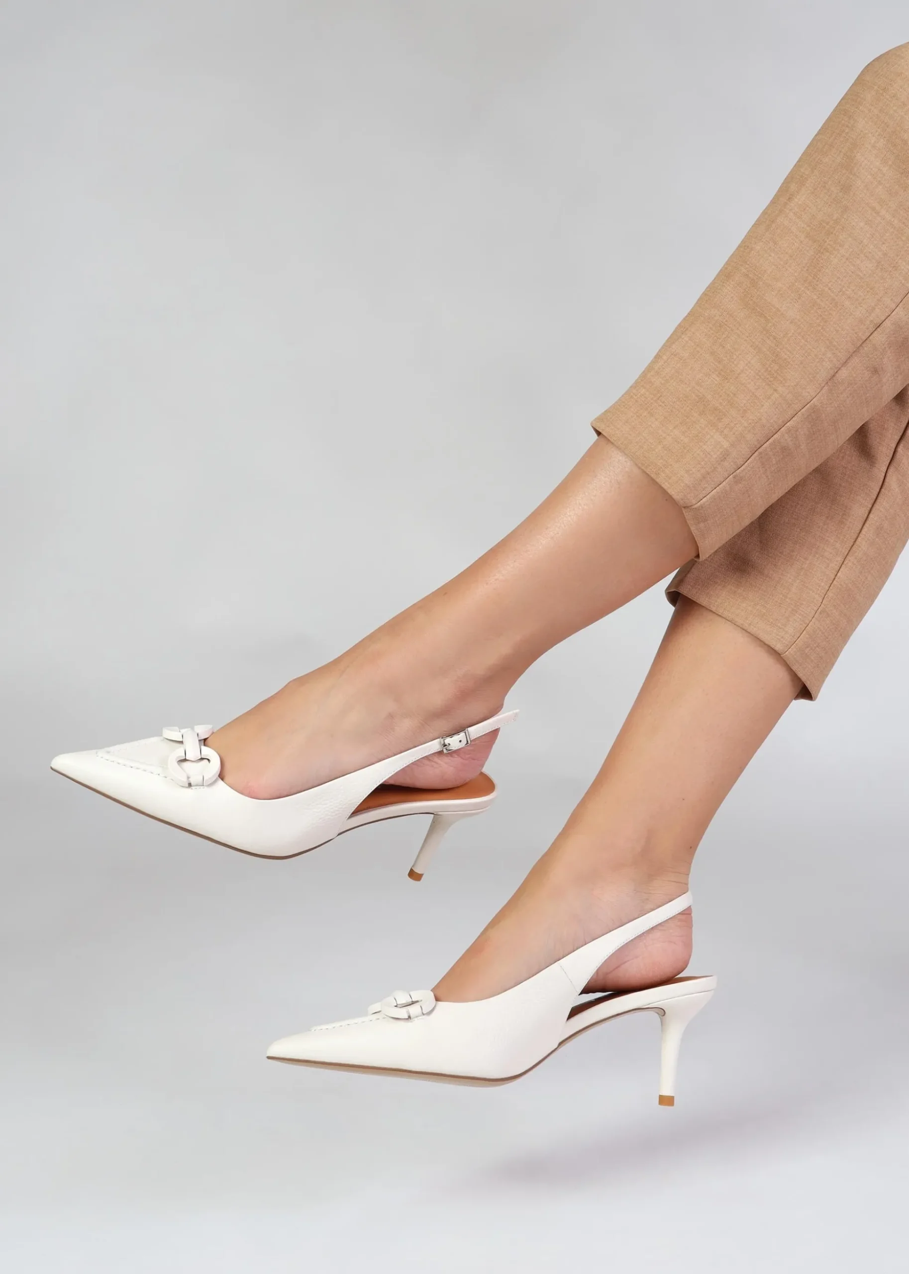 Eppie White Leather Mid Heel Sling Back Shoes