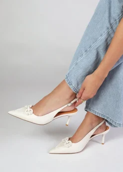 Eppie White Leather Mid Heel Sling Back Shoes