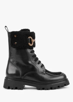 Evashearl Black Leather & Faux Shearling Ankle Boots
