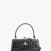 Extra Large Doll Frame Embossed Croc Anthracite Leather Purse Bag