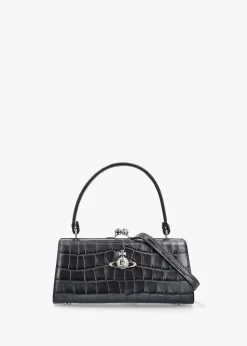 Extra Large Doll Frame Embossed Croc Anthracite Leather Purse Bag
