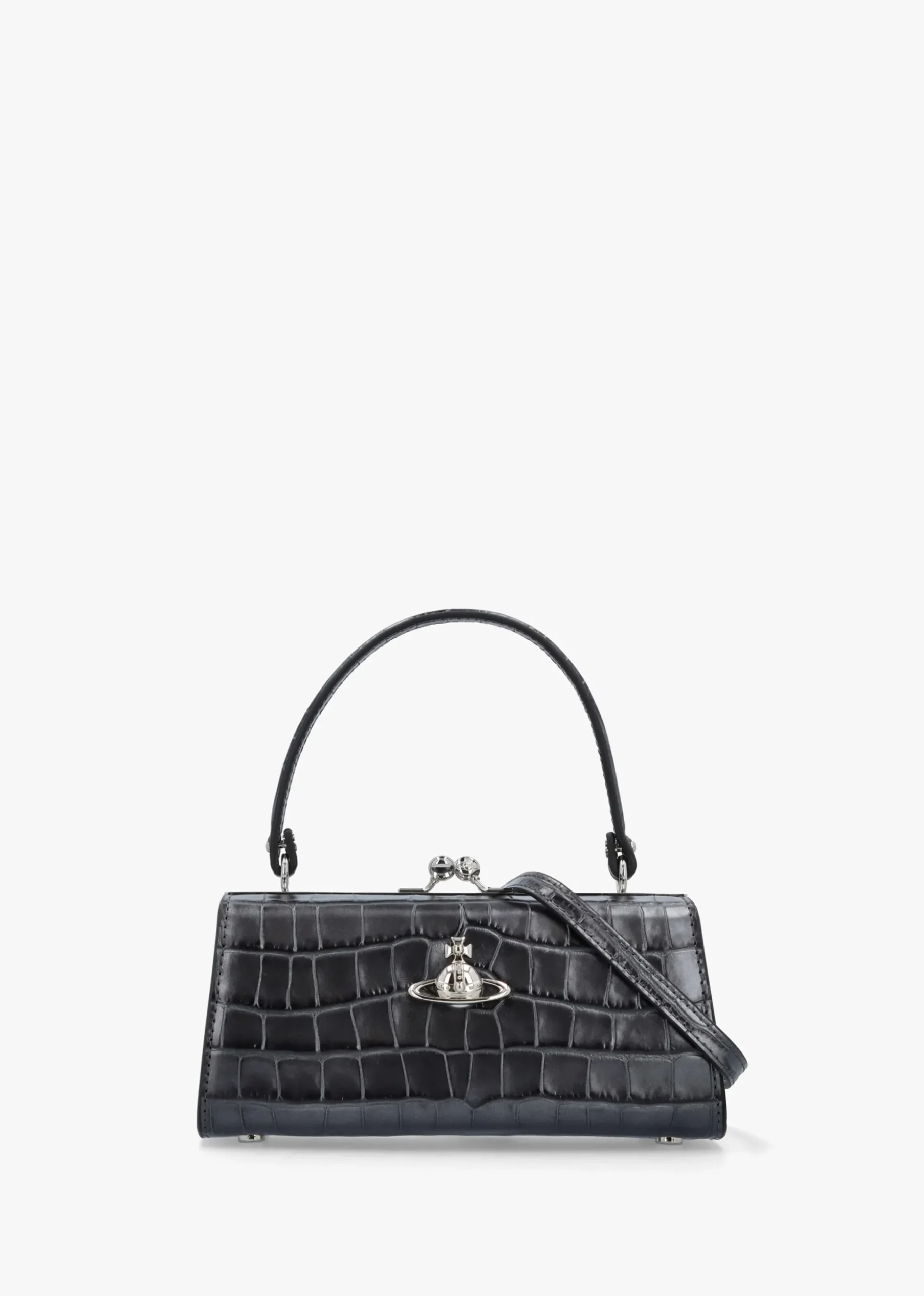 Extra Large Doll Frame Embossed Croc Anthracite Leather Purse Bag