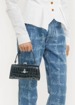 Extra Large Doll Frame Embossed Croc Anthracite Leather Purse Bag