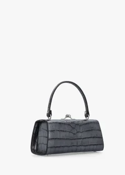Extra Large Doll Frame Embossed Croc Anthracite Leather Purse Bag