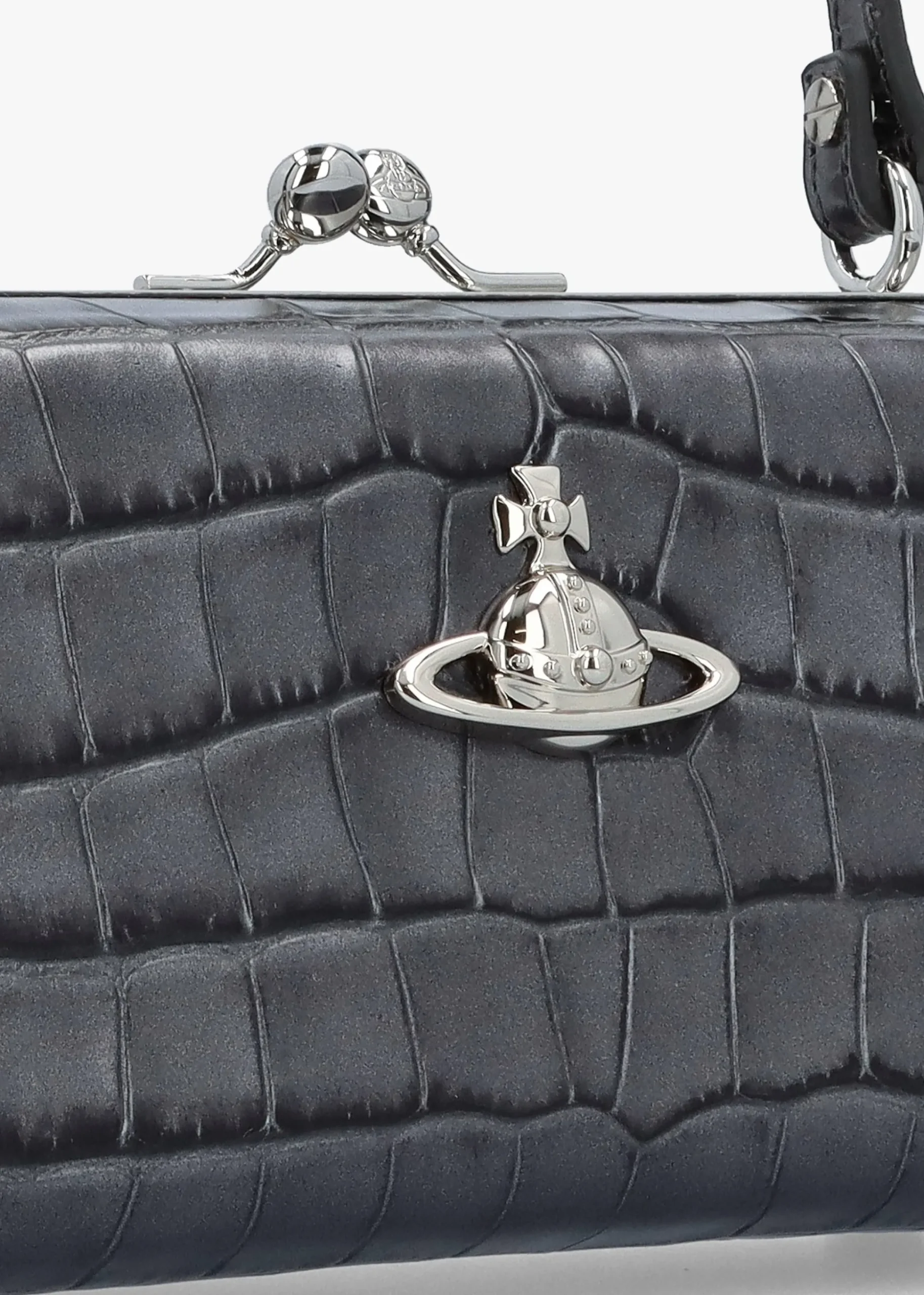 Extra Large Doll Frame Embossed Croc Anthracite Leather Purse Bag
