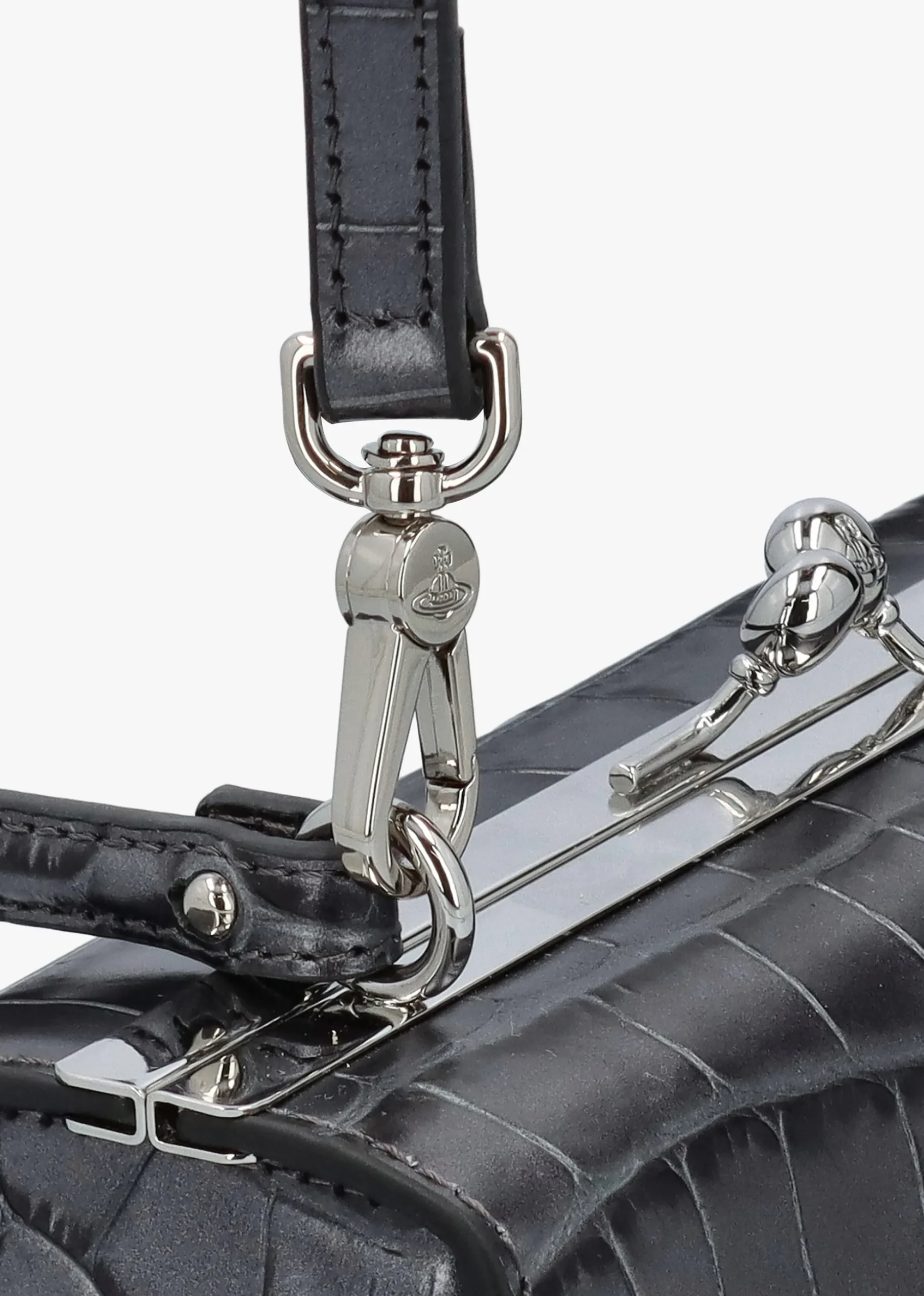 Extra Large Doll Frame Embossed Croc Anthracite Leather Purse Bag