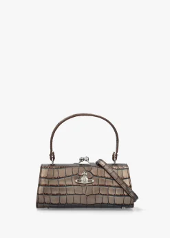 Extra Large Doll Frame Embossed Croc Brown Leather Purse Bag