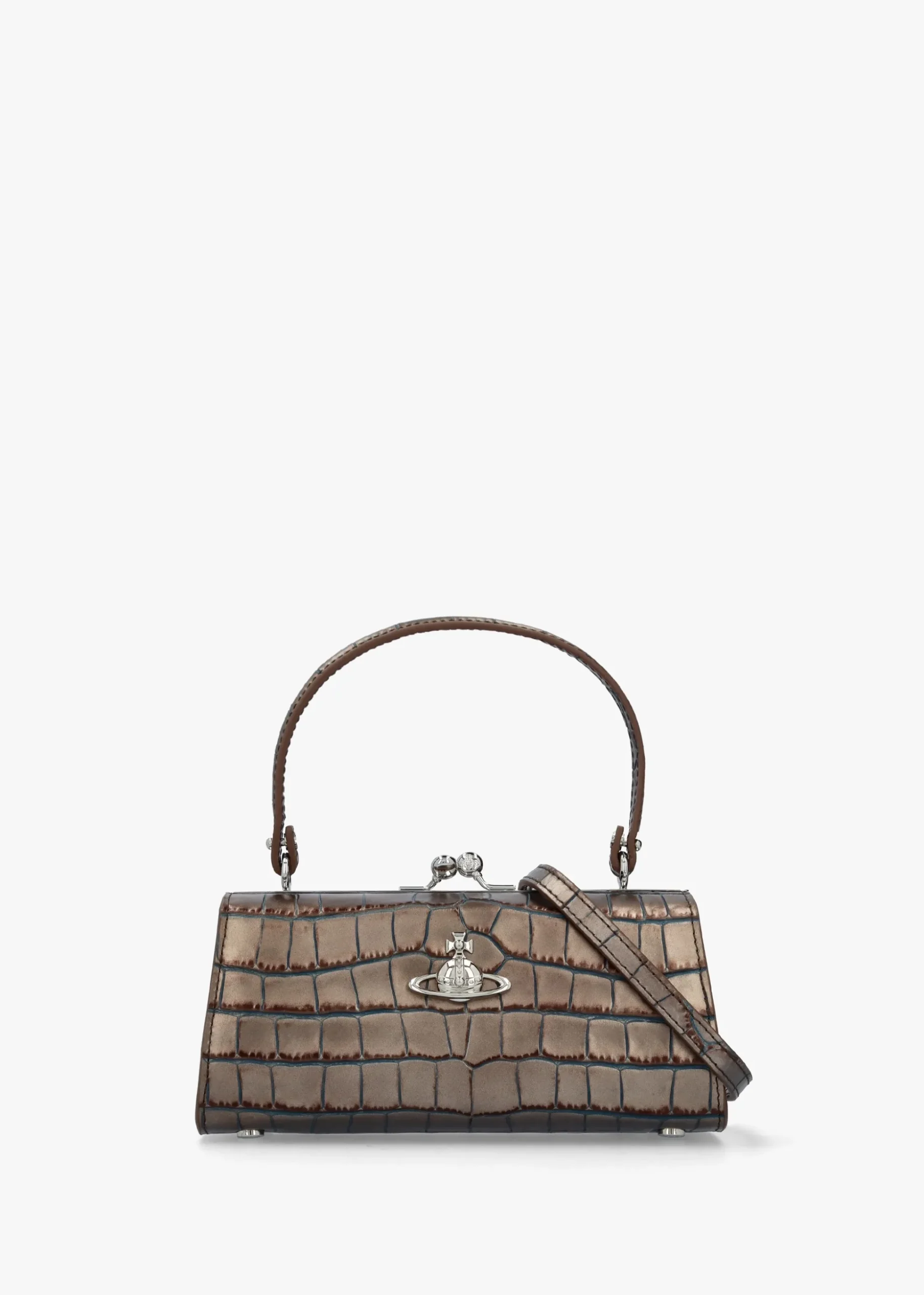 Extra Large Doll Frame Embossed Croc Brown Leather Purse Bag