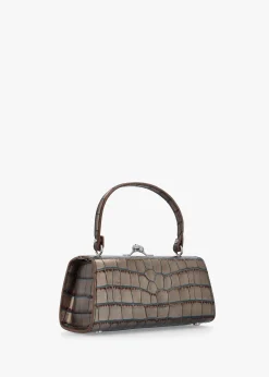 Extra Large Doll Frame Embossed Croc Brown Leather Purse Bag