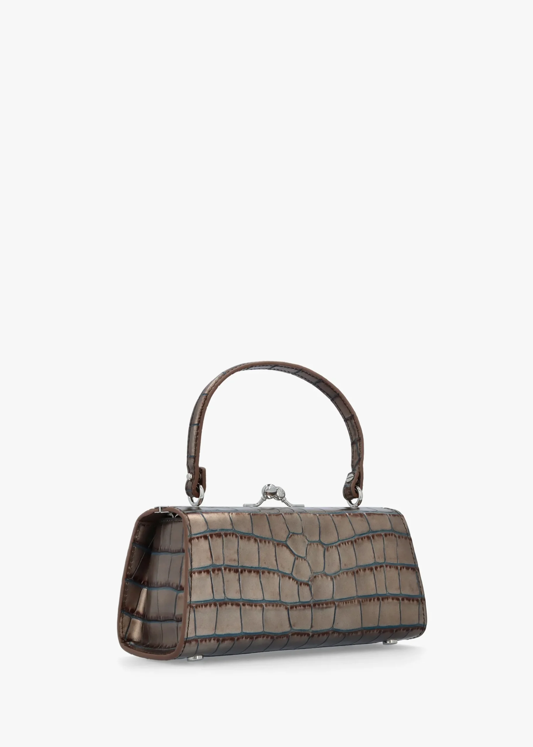 Extra Large Doll Frame Embossed Croc Brown Leather Purse Bag