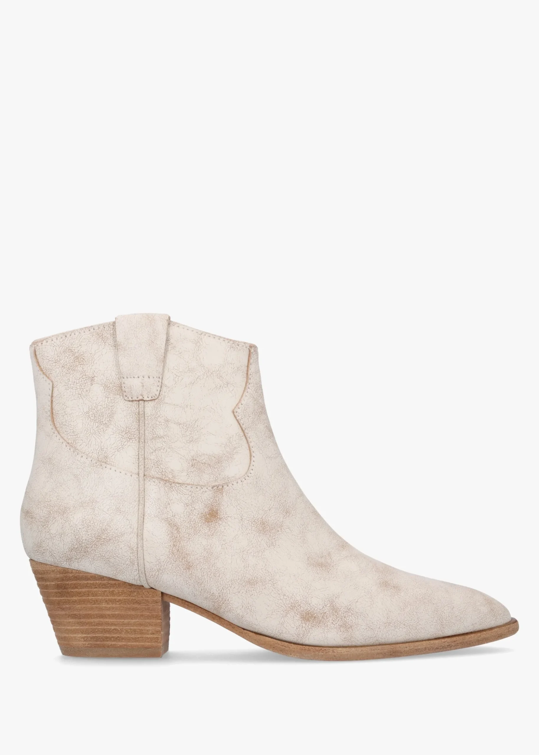 Fame Beige White Leather Western Ankle Boots