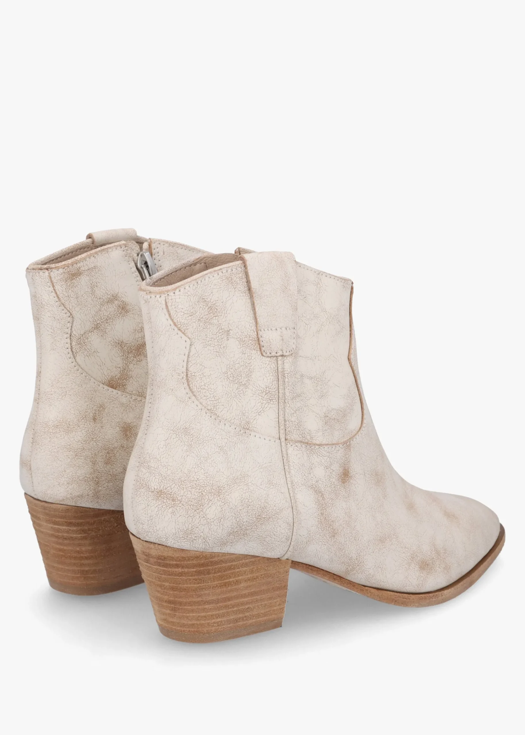 Fame Beige White Leather Western Ankle Boots
