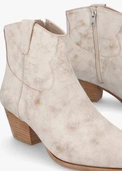 Fame Beige White Leather Western Ankle Boots