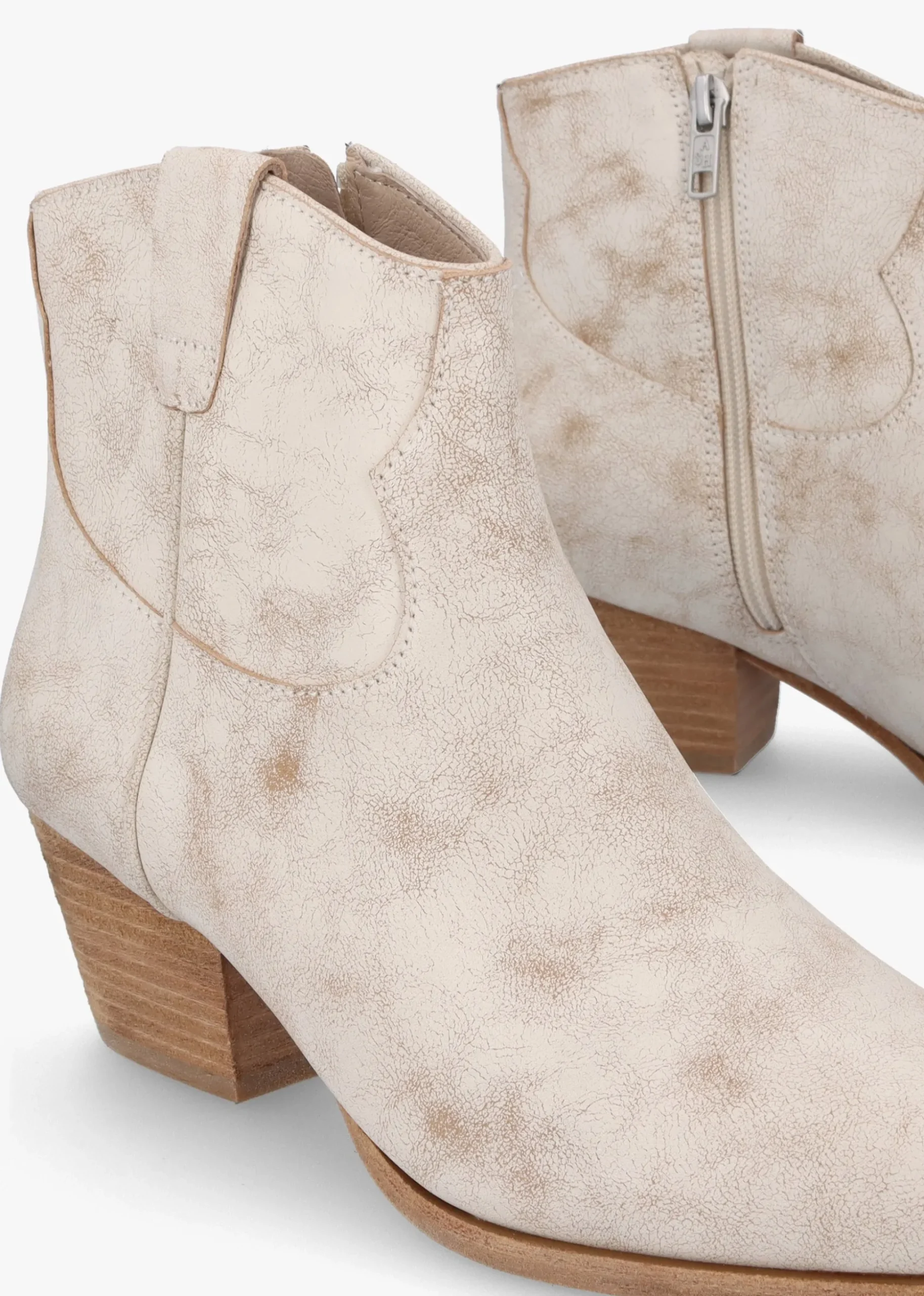 Fame Beige White Leather Western Ankle Boots
