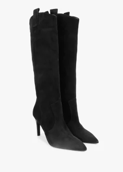 Feeha Black Suede Elegant Western Knee Boots
