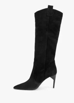 Feeha Black Suede Elegant Western Knee Boots
