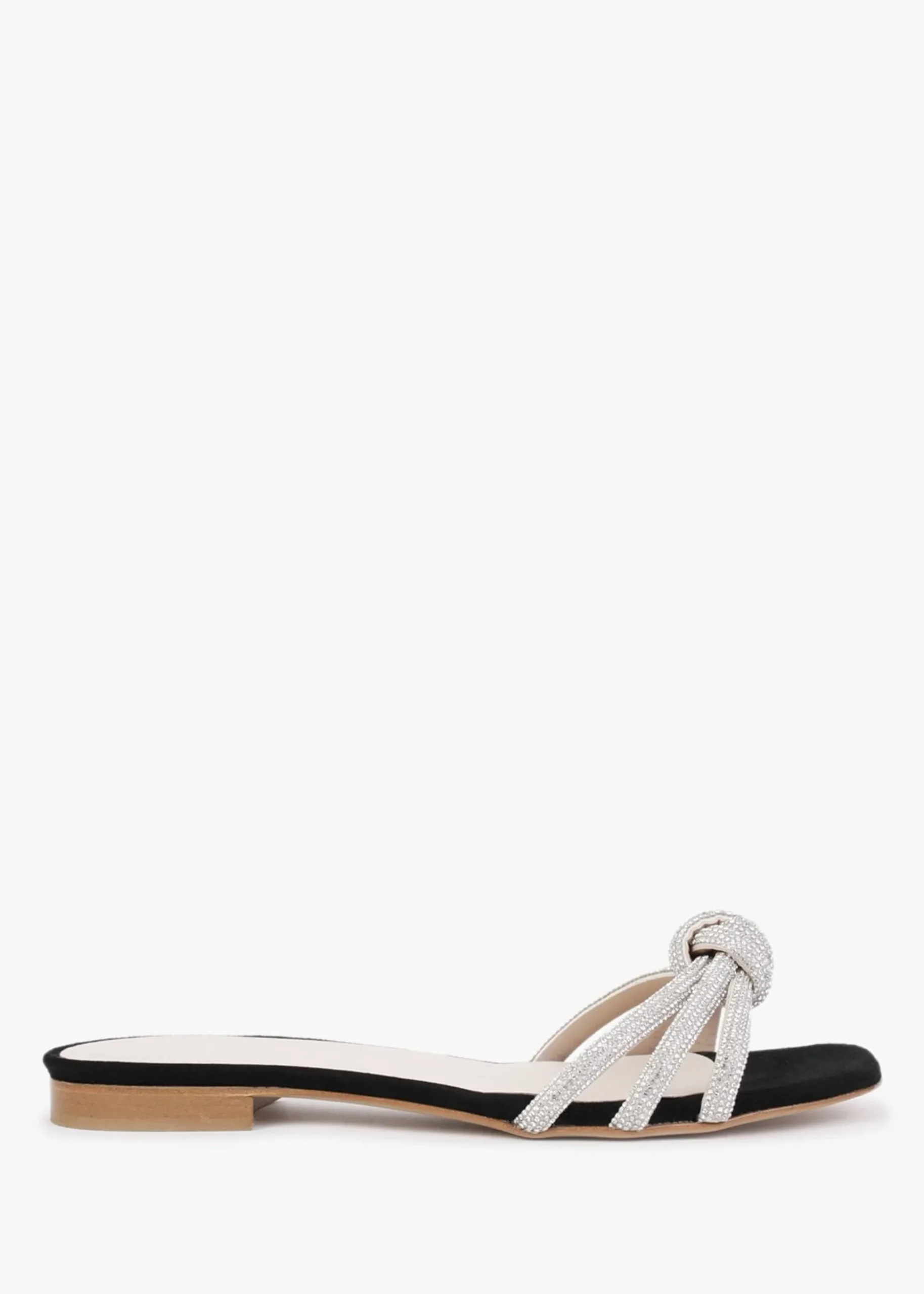 Flatante Black Suede Twisted Diamante Mules