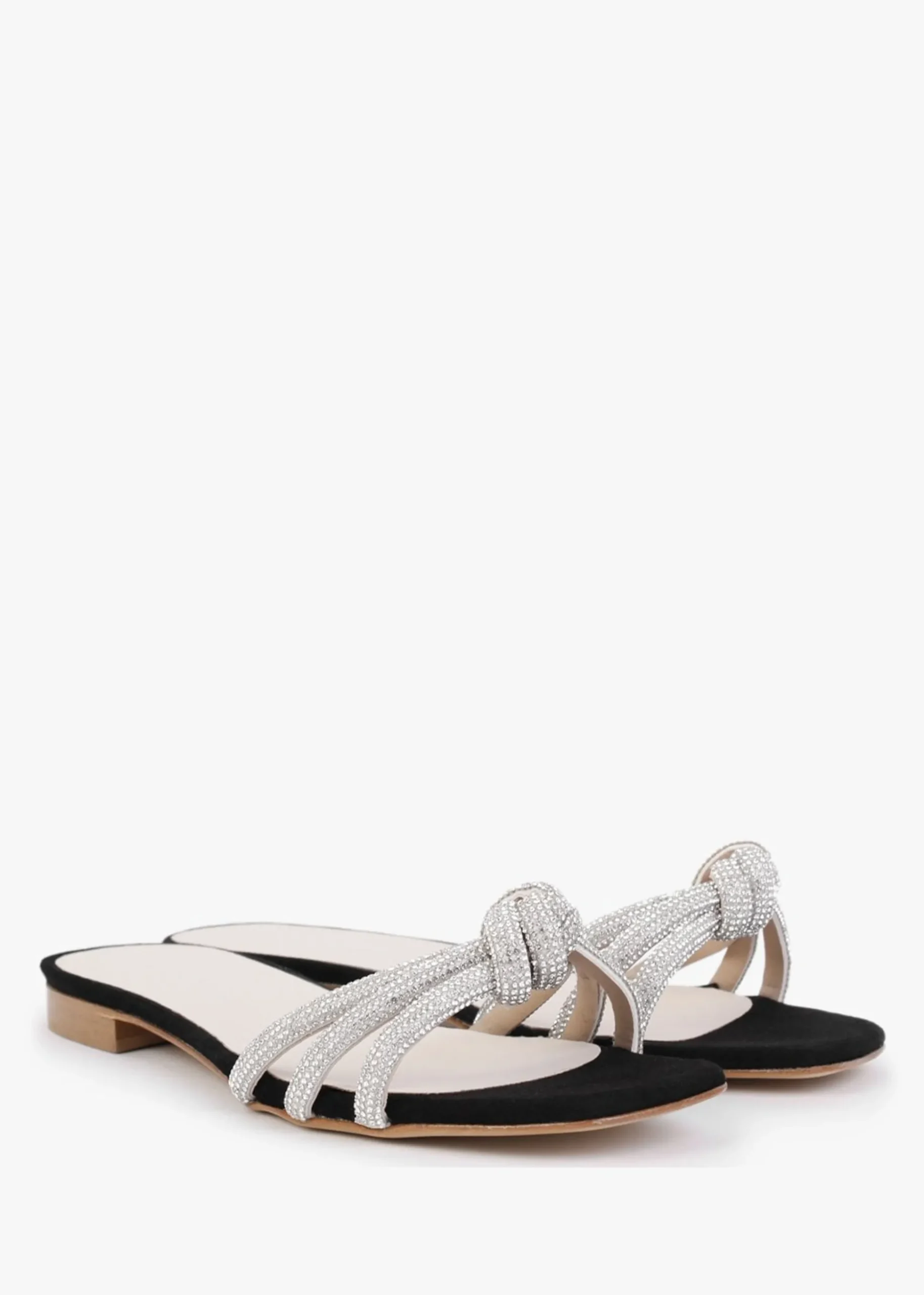 Flatante Black Suede Twisted Diamante Mules