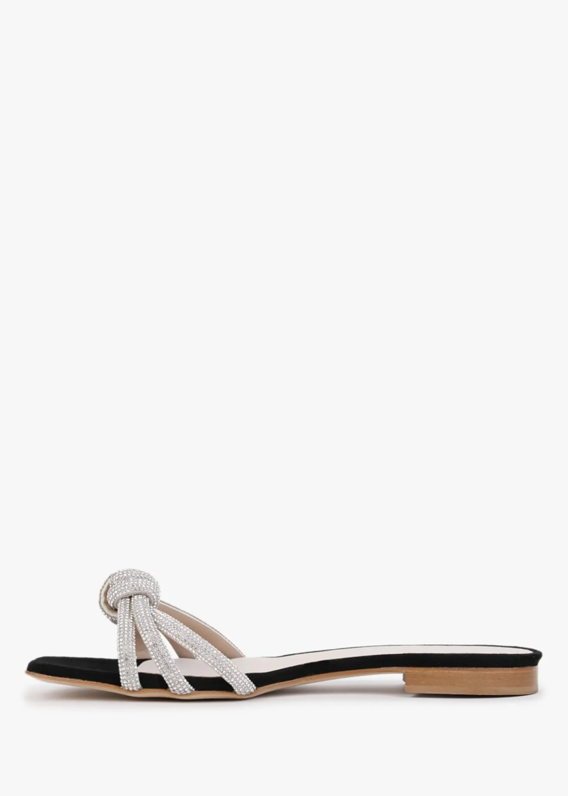 Flatante Black Suede Twisted Diamante Mules