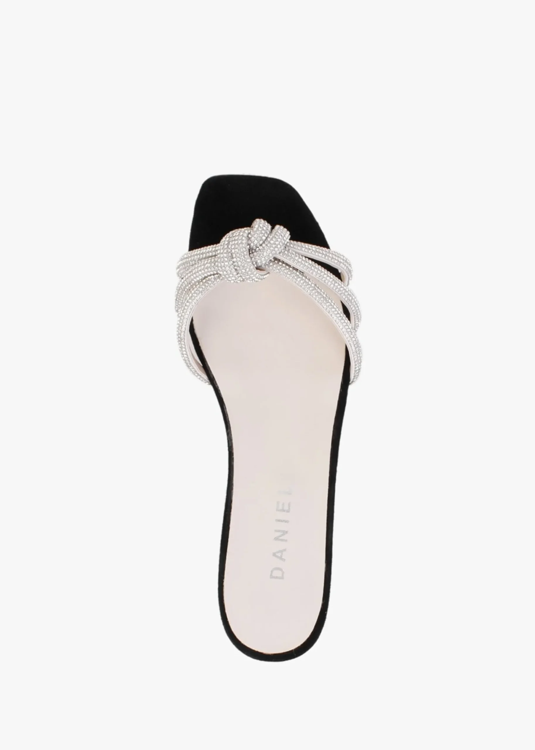 Flatante Black Suede Twisted Diamante Mules